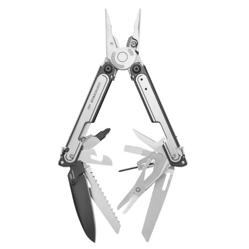 Multitool with various tools extended on a white background