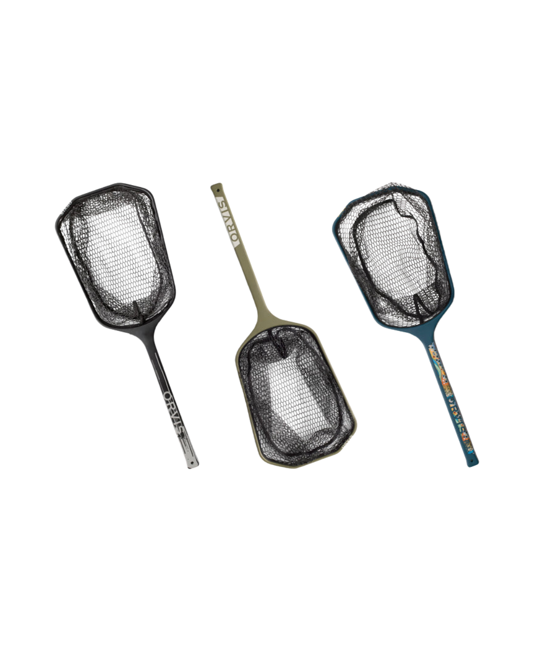 Three fishing netters with handles on a white background