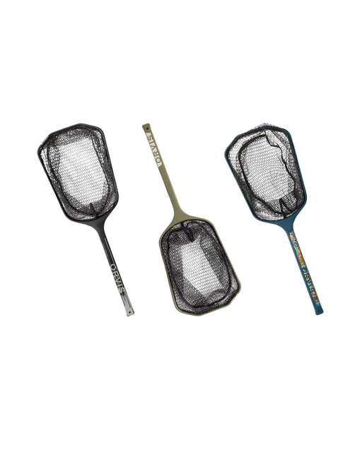 Three fishing netters with handles on a white background