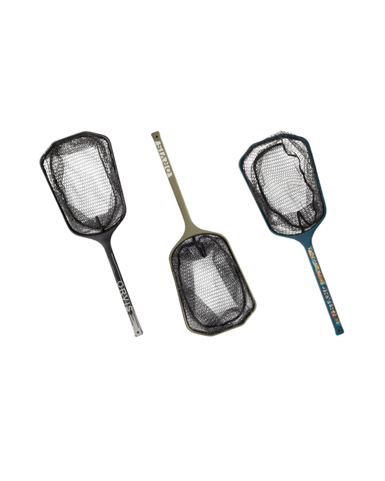Three fishing netters with handles on a white background